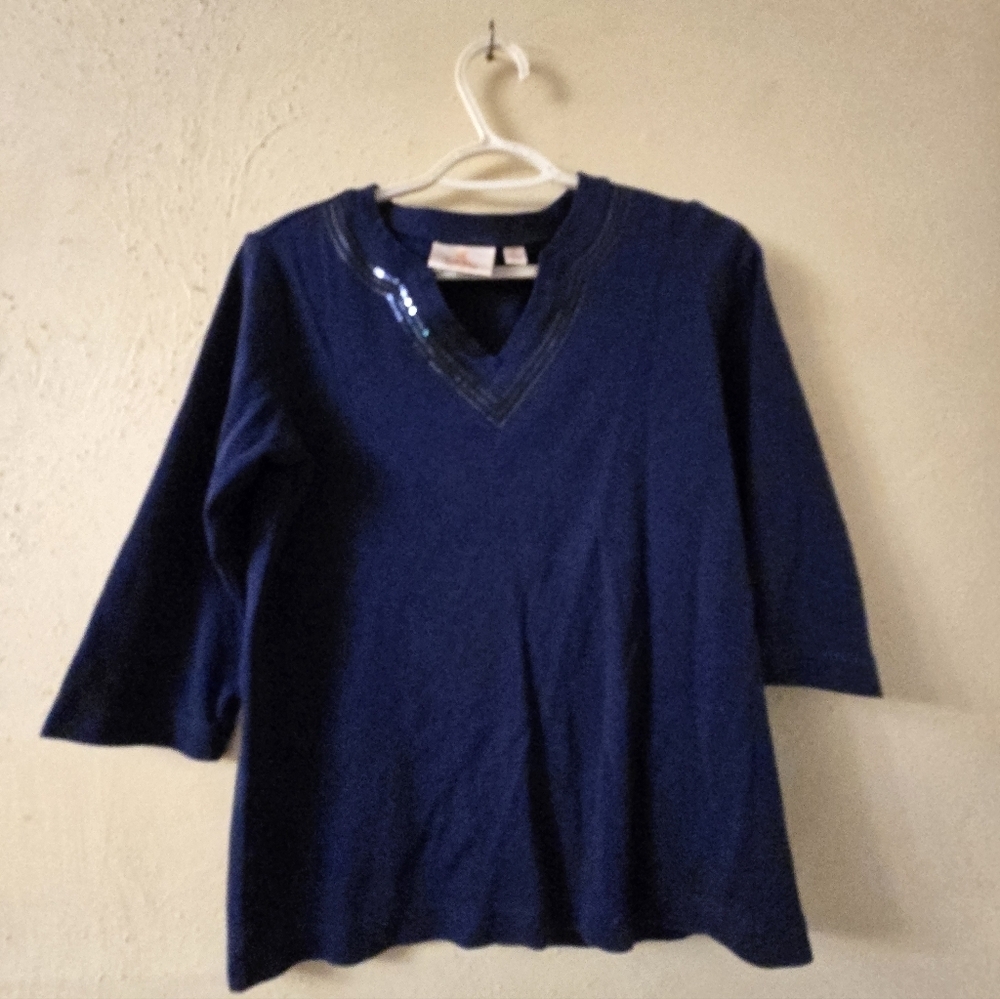 Quacker Factory Navy Top with Sequin Accents